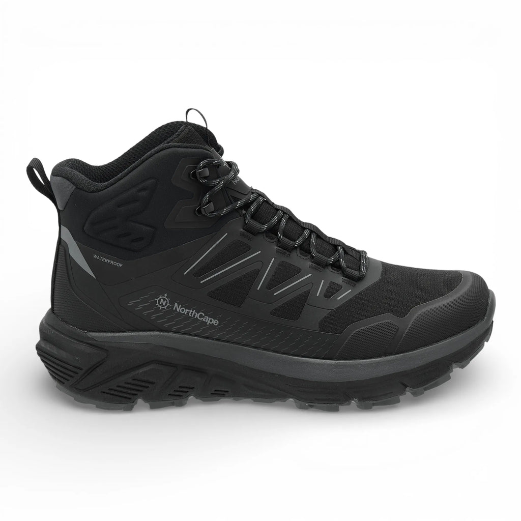Black hiking boot with brand logo on a white background