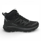 Black hiking boot with brand logo on a white background
