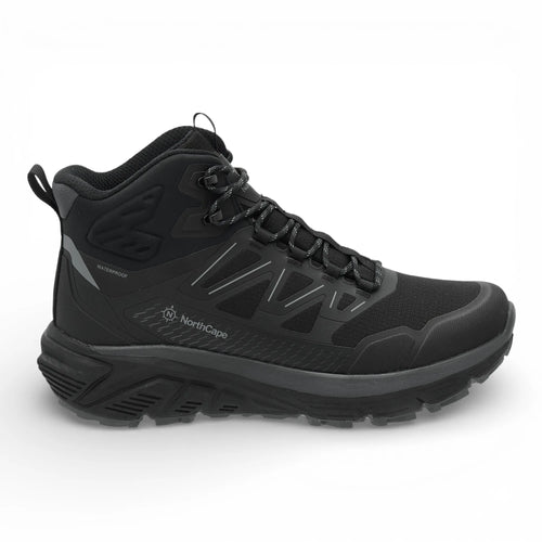 Black hiking boot with brand logo on a white background