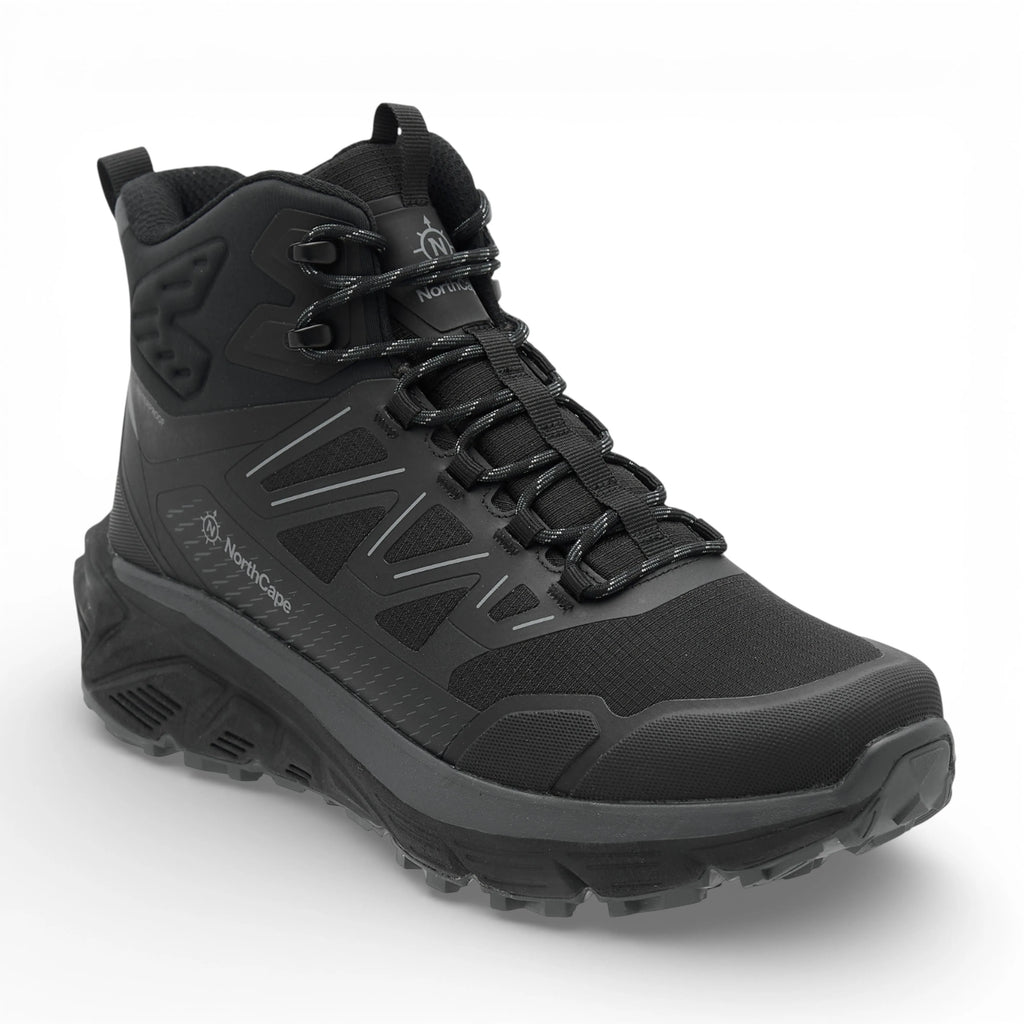 Black hiking boot with brand logo on a white background
