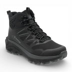 Black hiking boot with brand logo on a white background