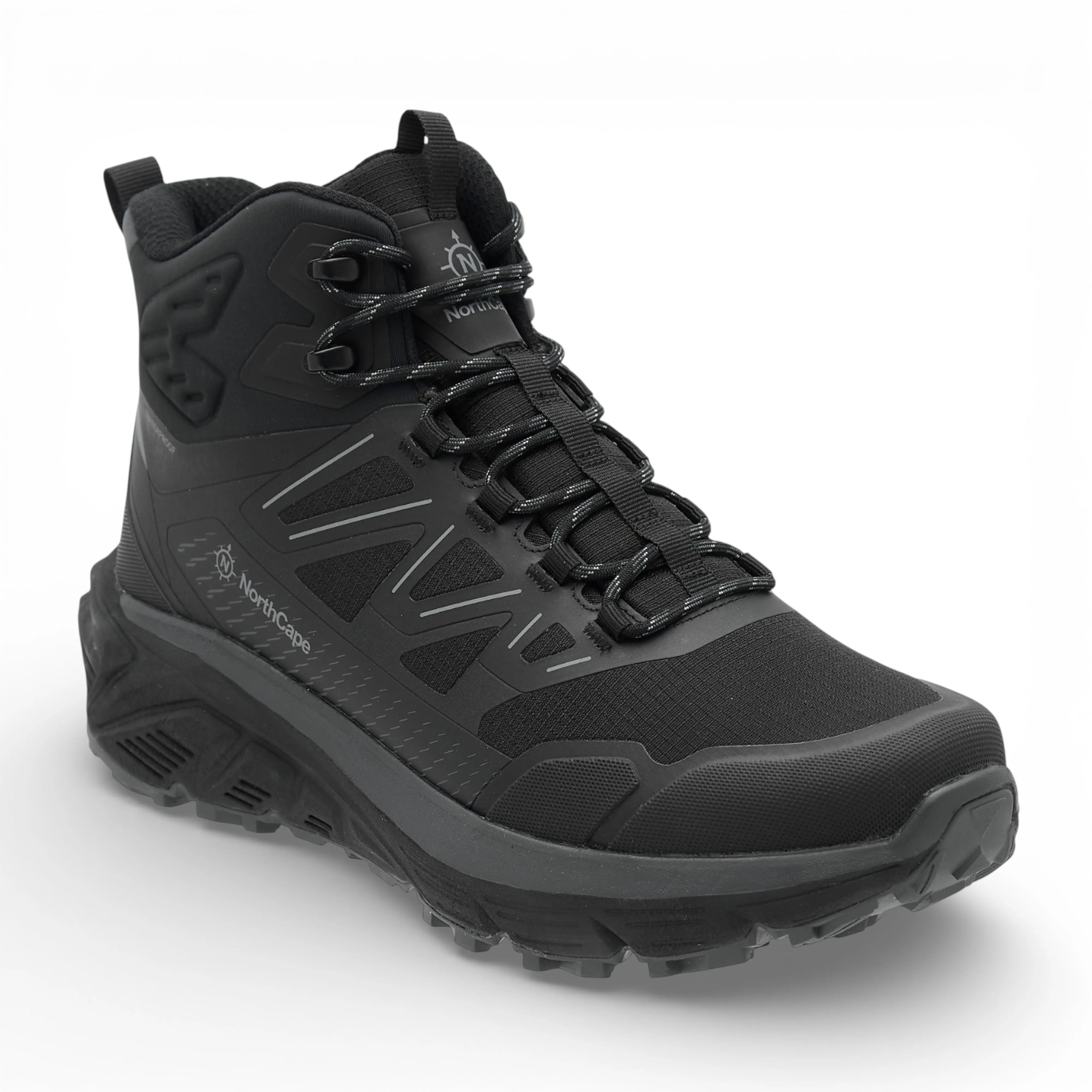 Black hiking boot with brand logo on a white background