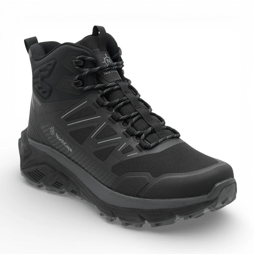 Black hiking boot with brand logo on a white background