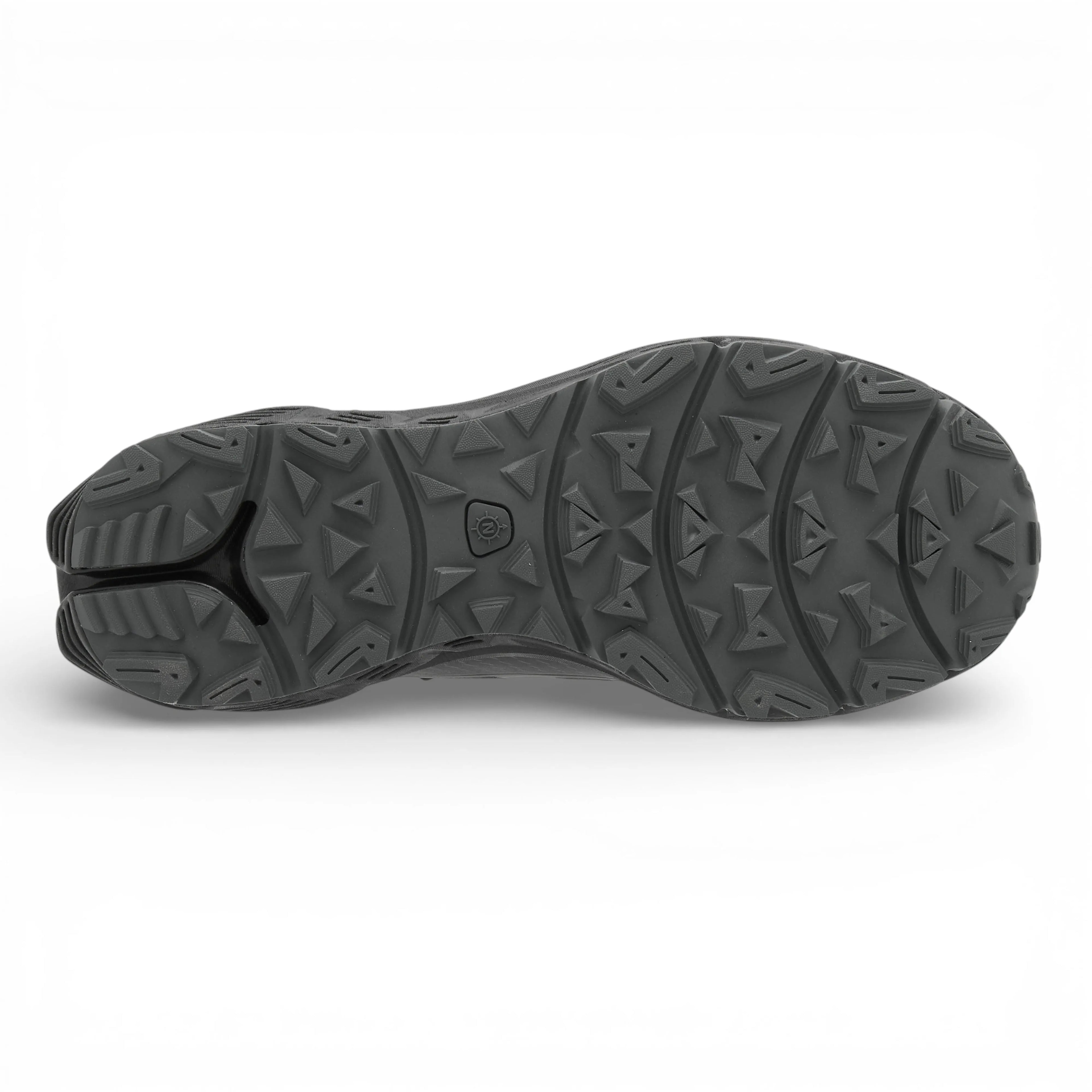 Black shoe sole with tread pattern on a white background