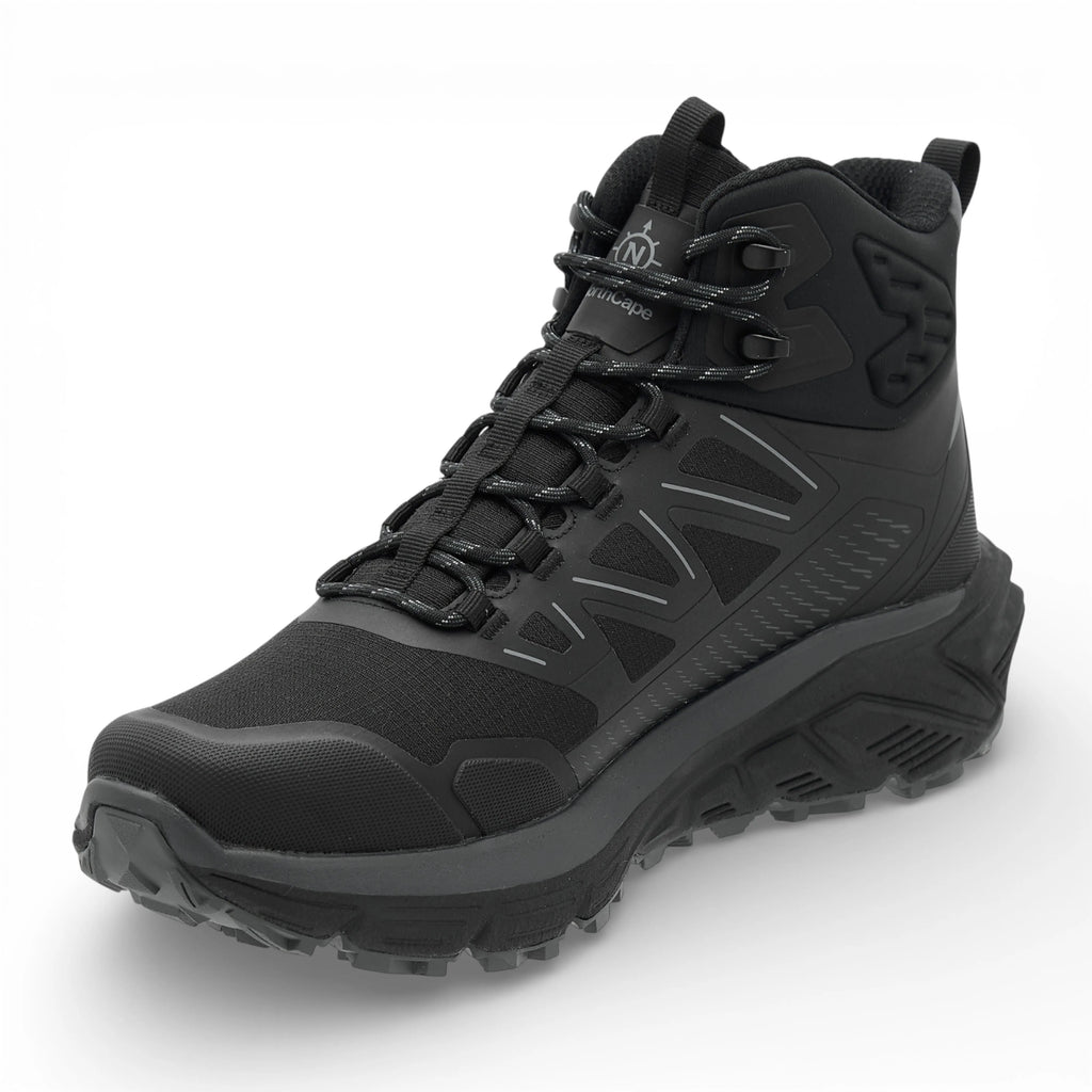 Black high-top boot with textured sole on a white background