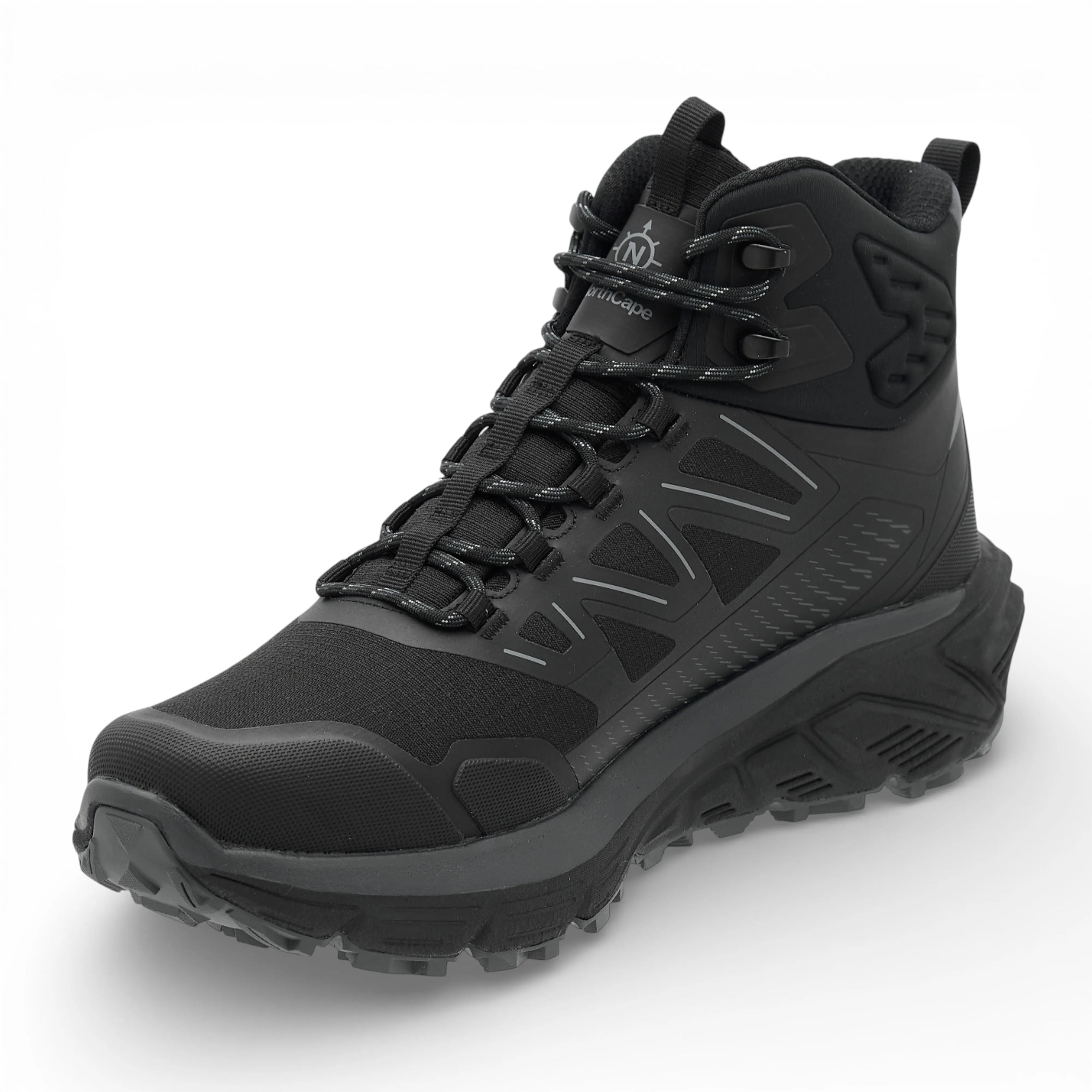 Black high-top boot with textured sole on a white background