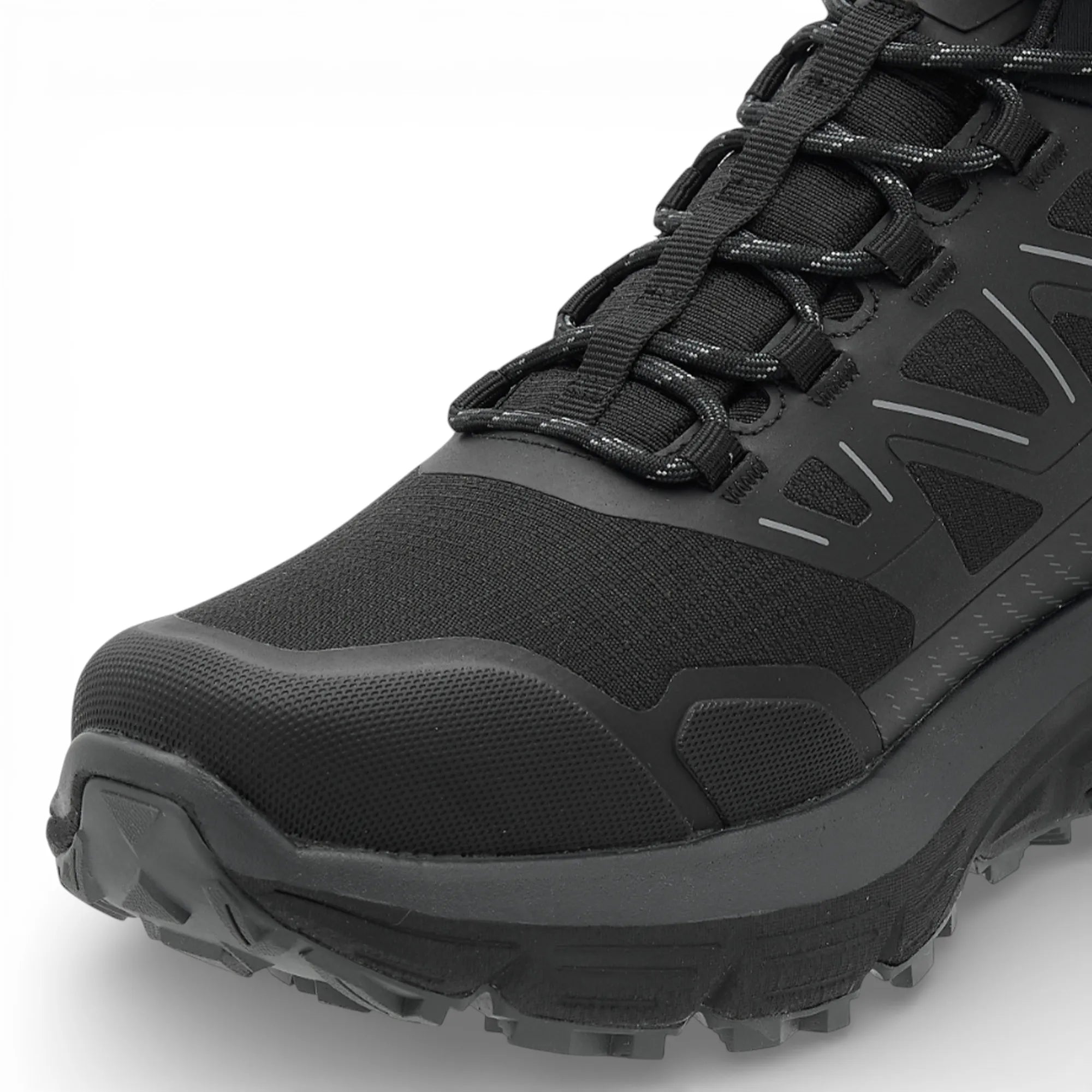 Black hiking boot with laces on a white background