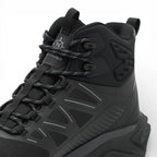 Black hiking boot with brand logo on a white background