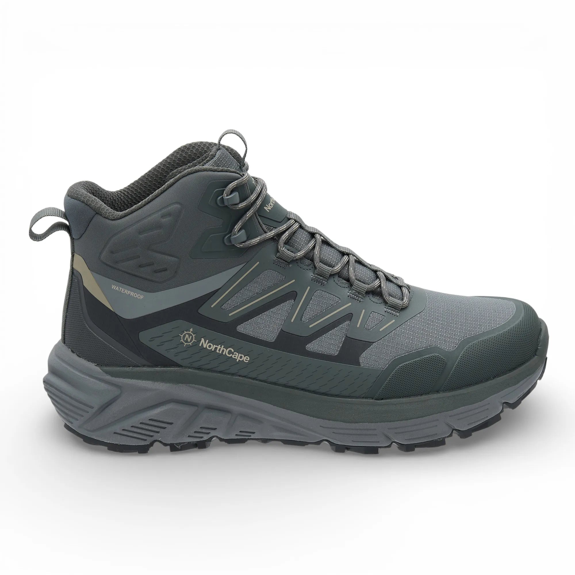 Gray hiking boot with 'NorthCape' branding on a white background