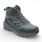 Gray hiking boot with brand logo on a white background