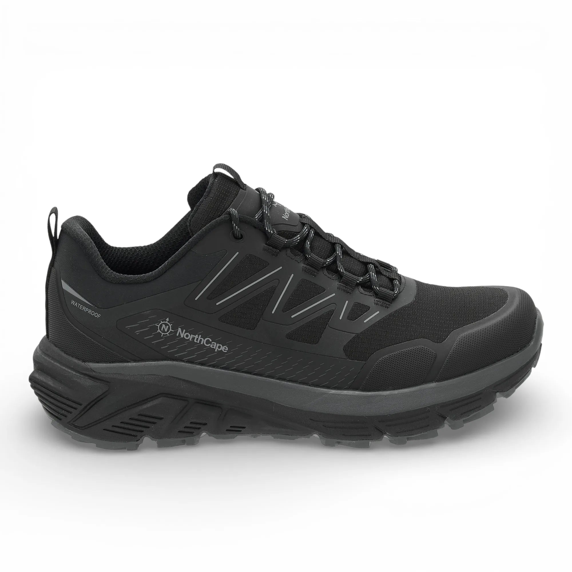 Black hiking shoe with brand logo on a white background