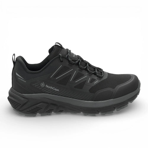 Black hiking shoe with brand logo on a white background