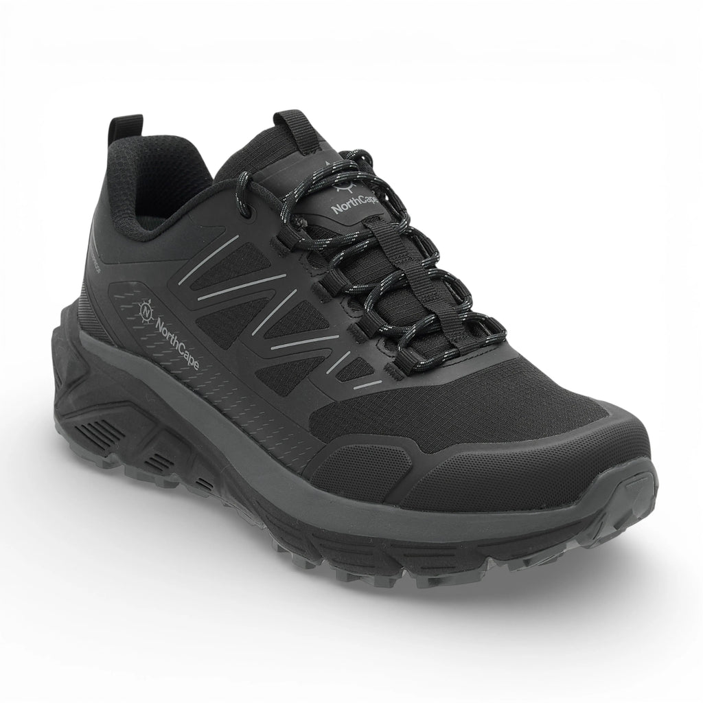 Black hiking shoe with brand logo on a white background