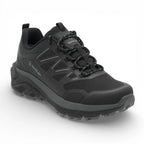 Black hiking shoe with brand logo on a white background