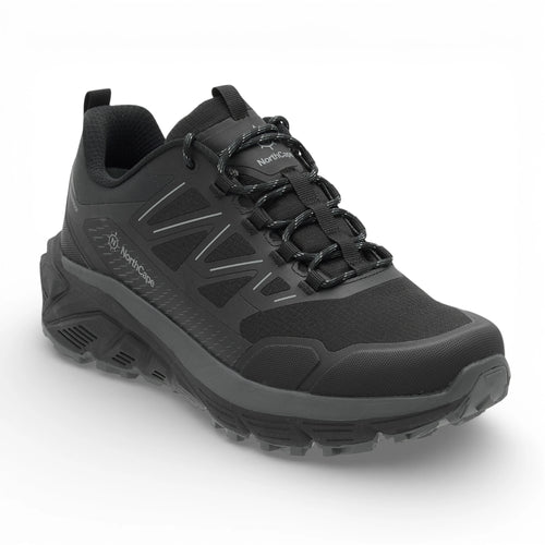 Black hiking shoe with brand logo on a white background