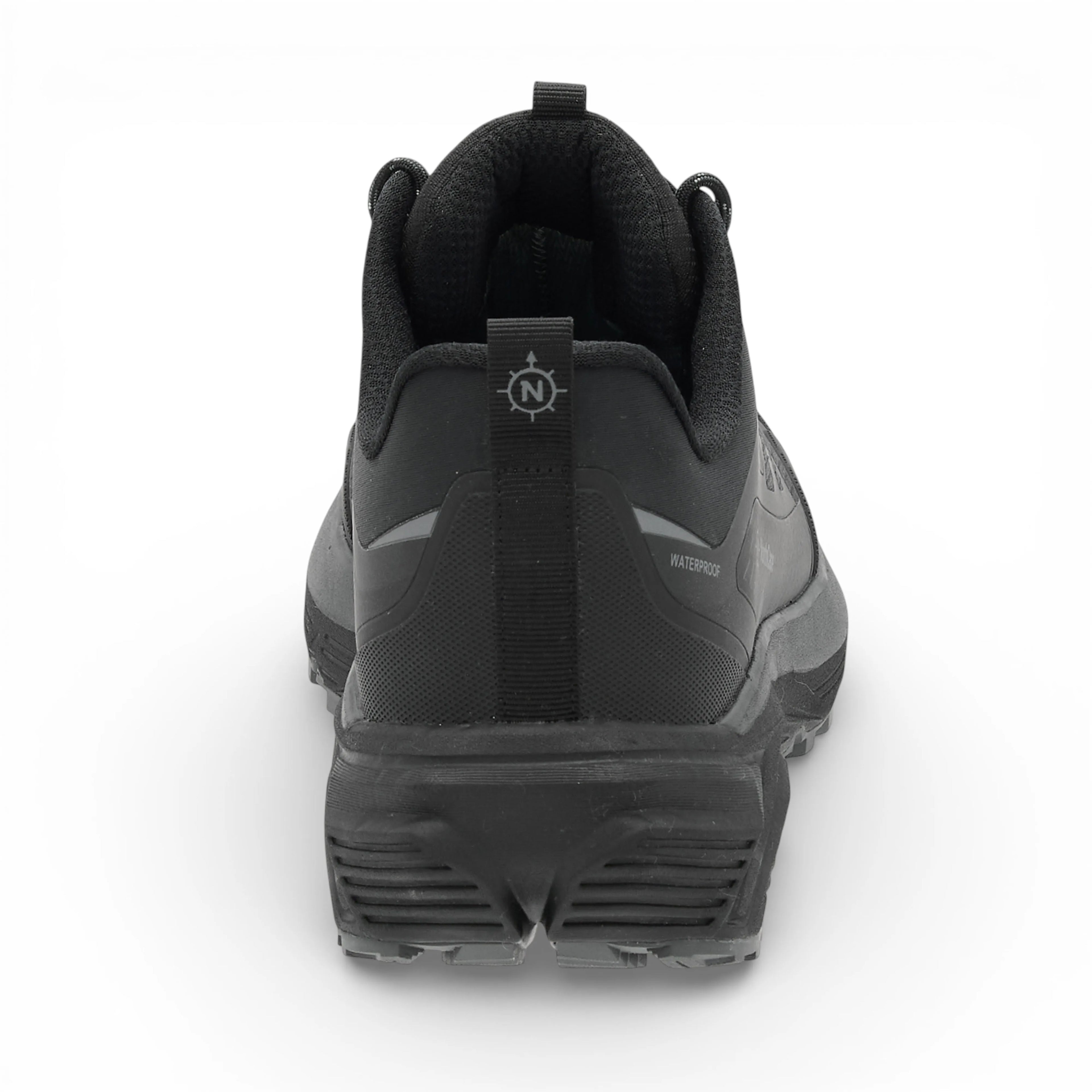 Black hiking shoe with brand logo on a white background