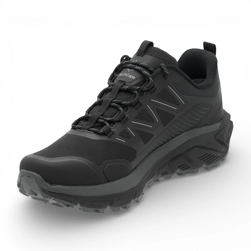 Black hiking shoe on a white background