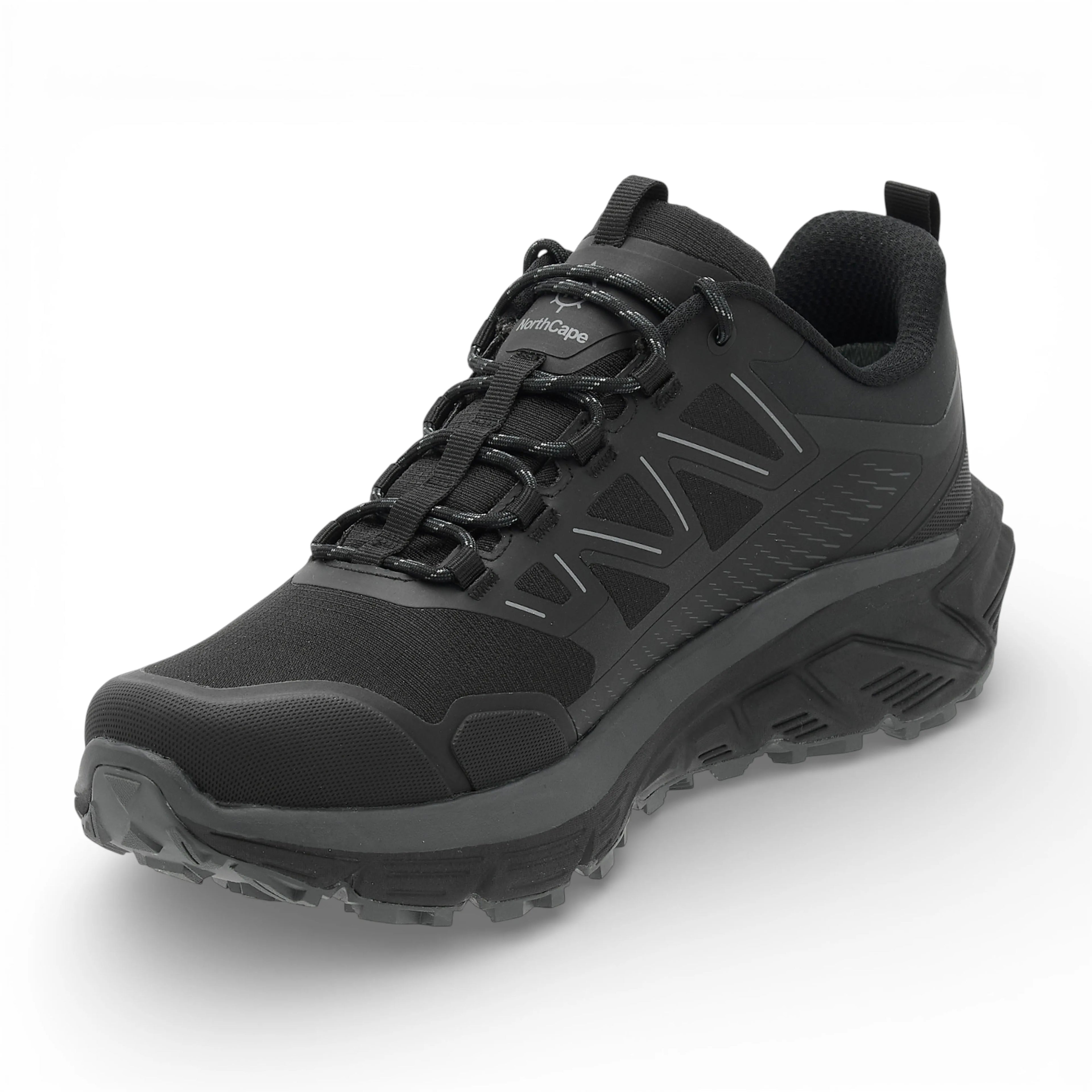 Black hiking shoe on a white background