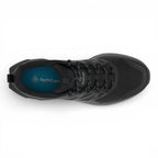 Black hiking shoe with blue sole on a white background