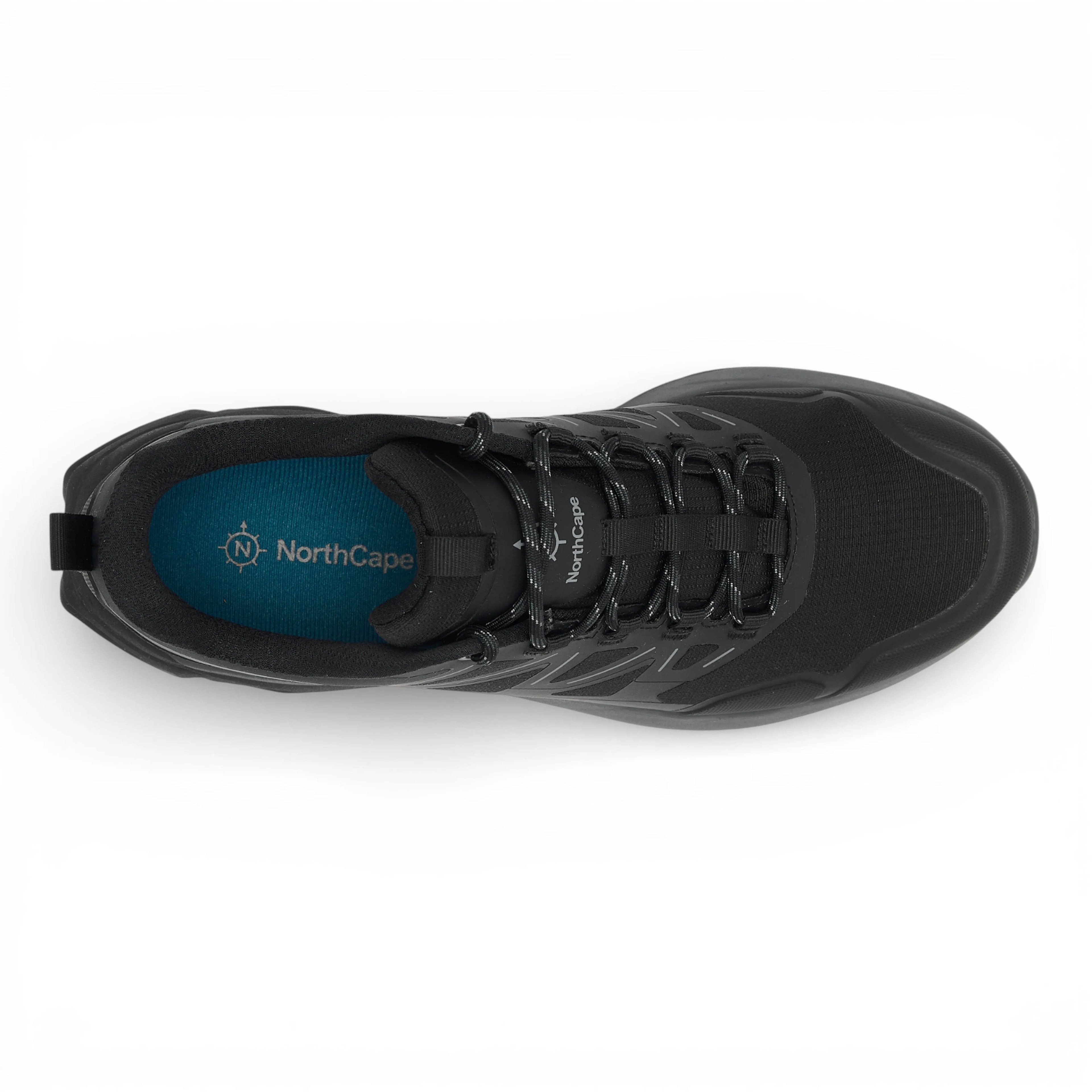 Black hiking shoe with blue sole on a white background
