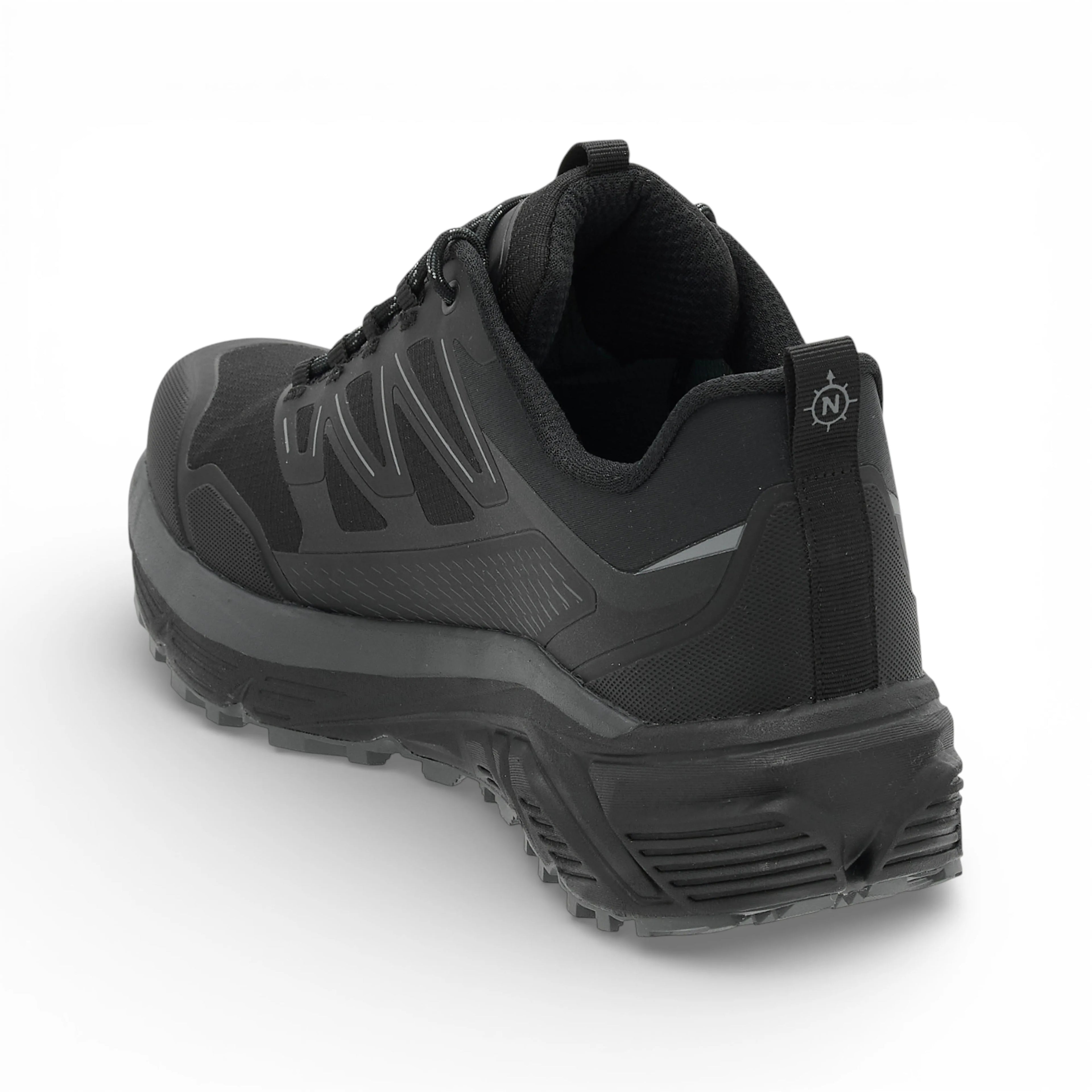 Black hiking shoe on a white background