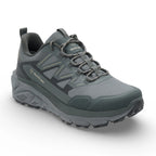 Gray hiking shoe with brand logo on a white background
