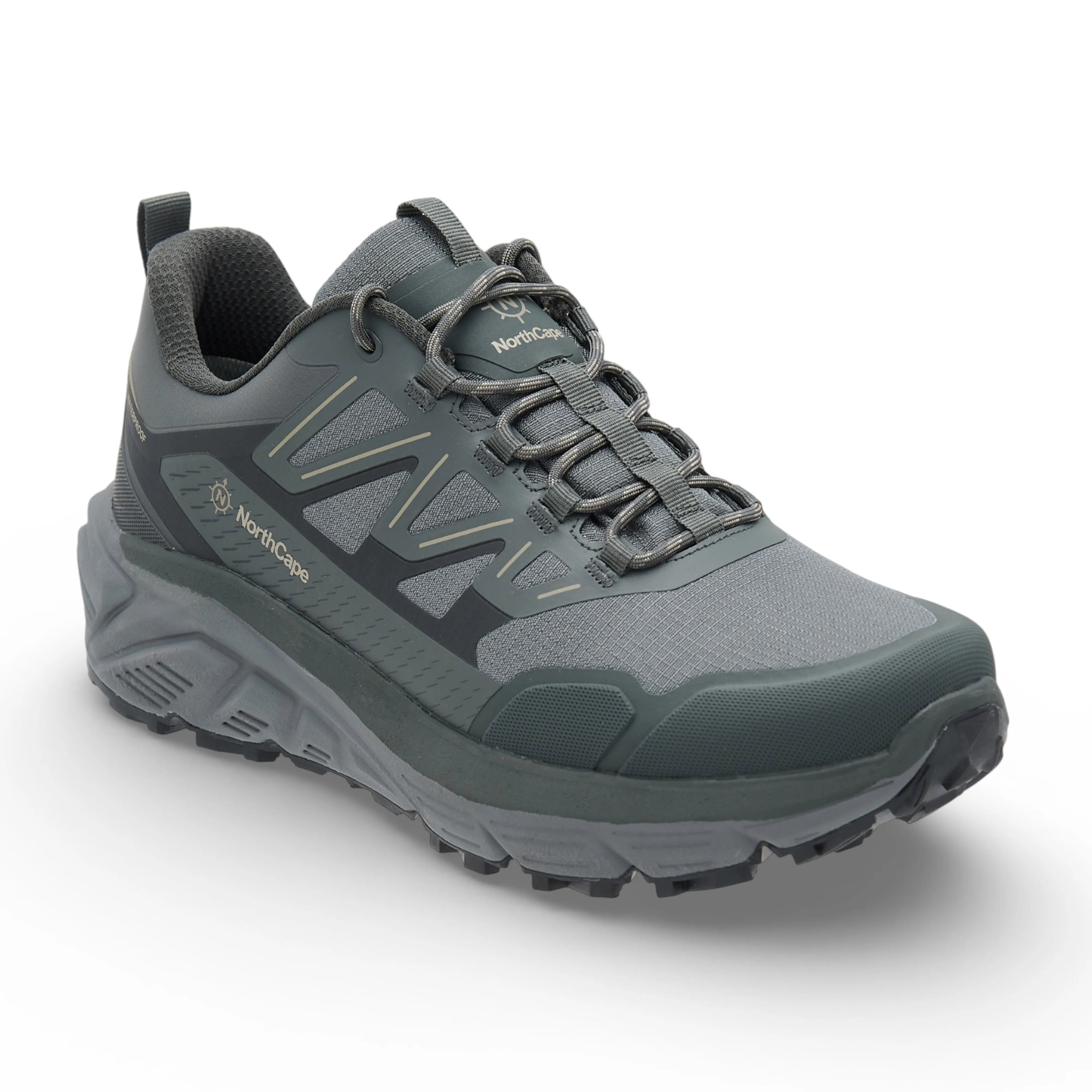 Gray hiking shoe with brand logo on a white background