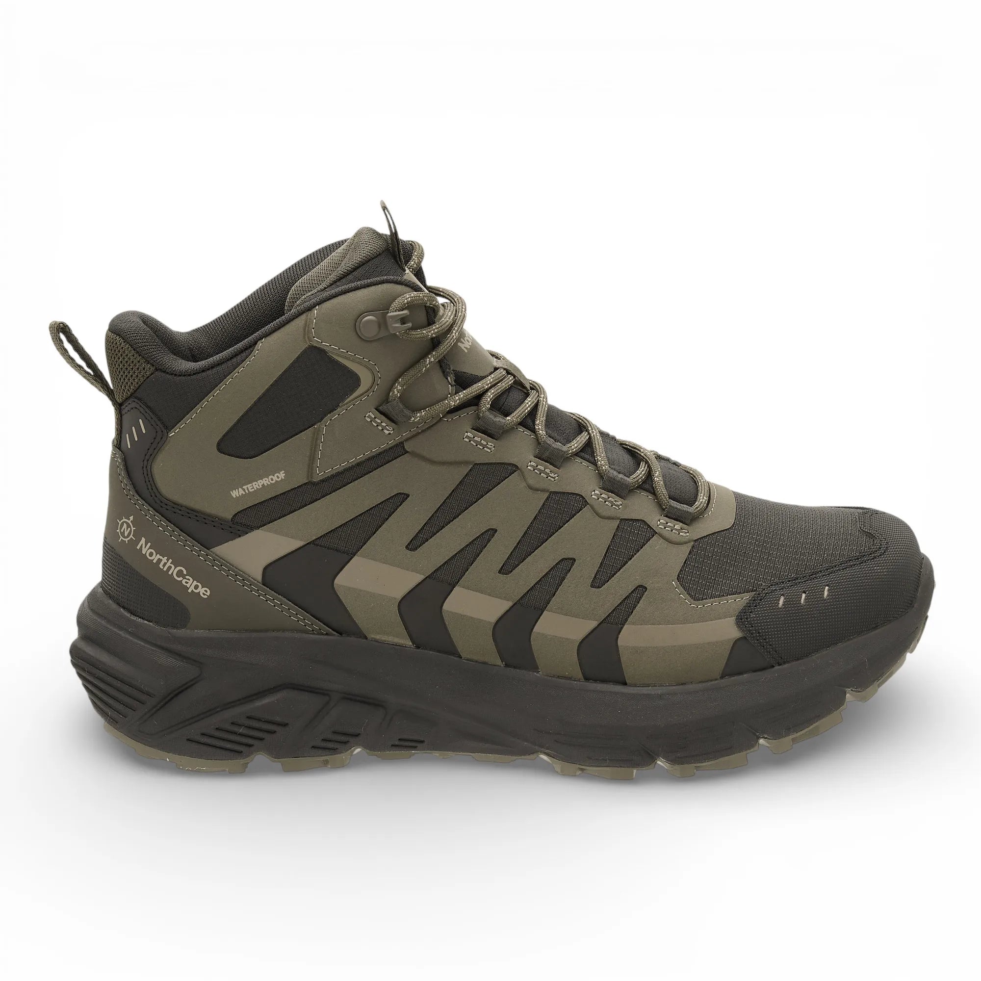 Green and black hiking boot on a white background