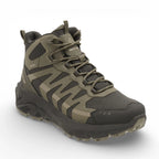 Green and black hiking boot on a white background