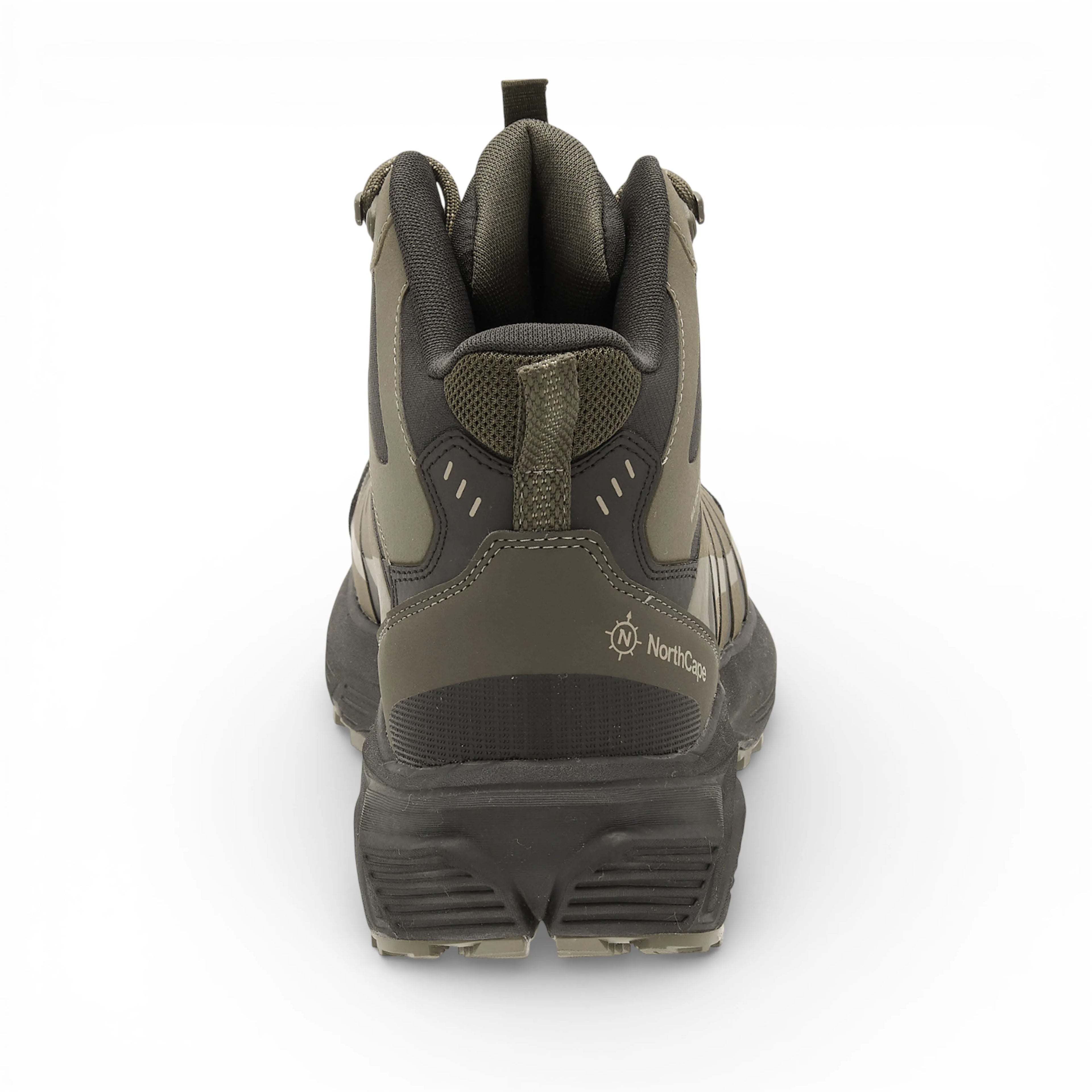 Green and black hiking boot on a white background