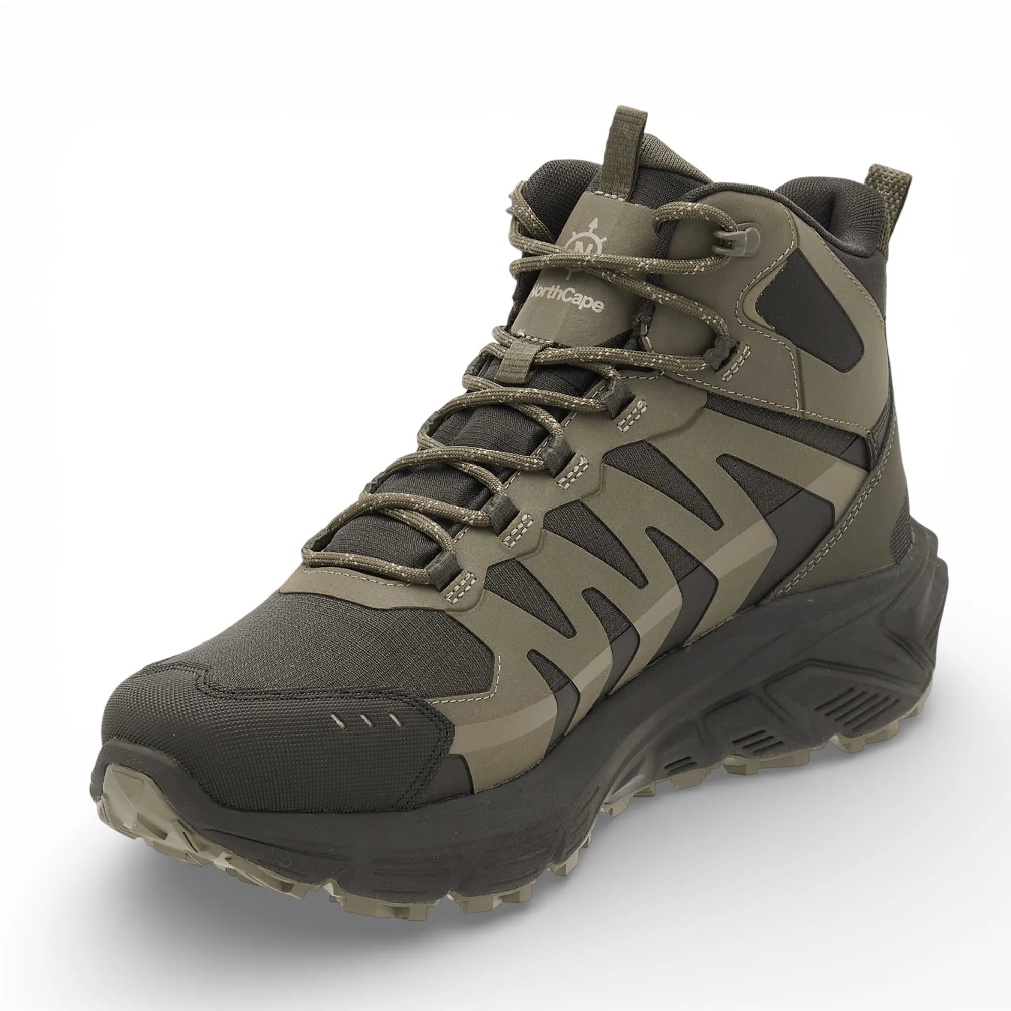 Green and black hiking boot on a white background