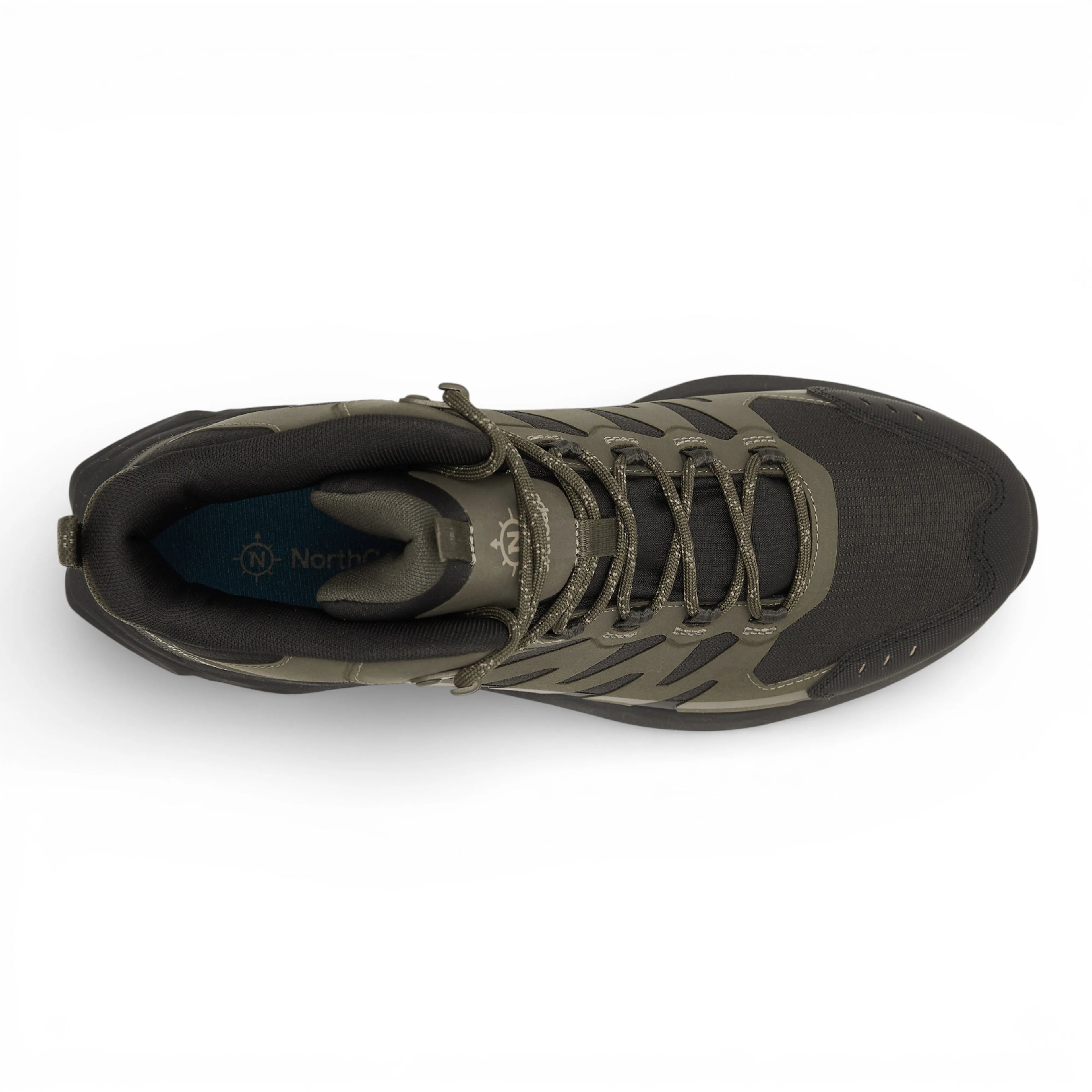 Green and black hiking boot on a white background