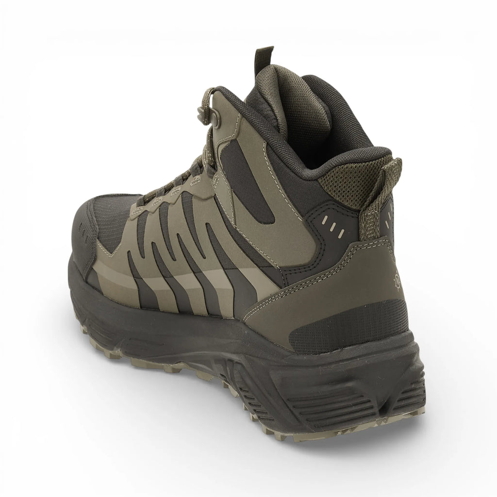 Green and black hiking boot on a white background
