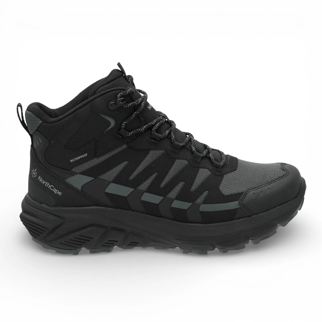 Black hiking boot with visible brand logo on a white background
