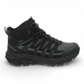 Black hiking boot with visible brand logo on a white background