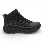 Black hiking boot with visible brand logo on a white background