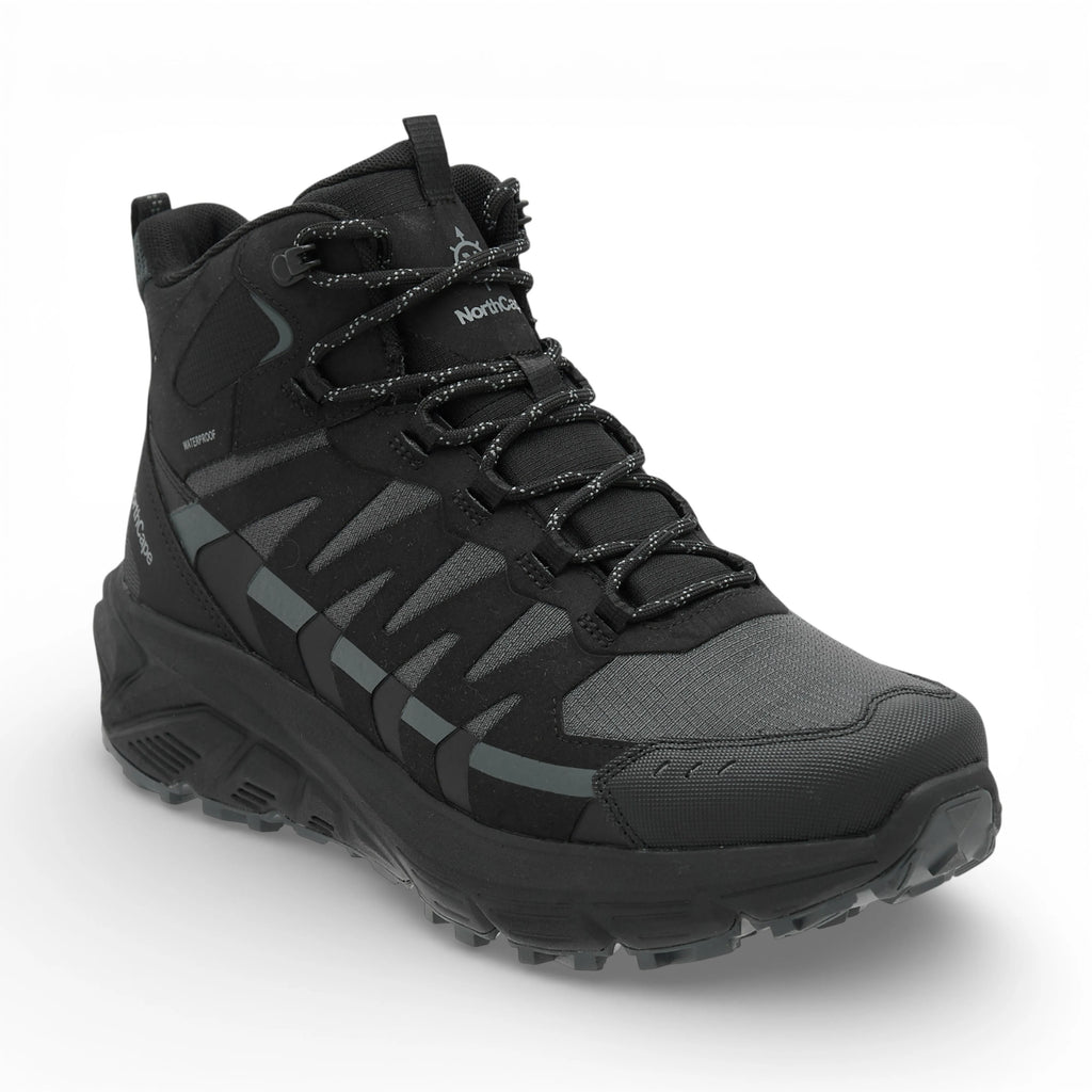 Black hiking boot with visible brand logo on a white background