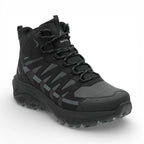 Black hiking boot with visible brand logo on a white background