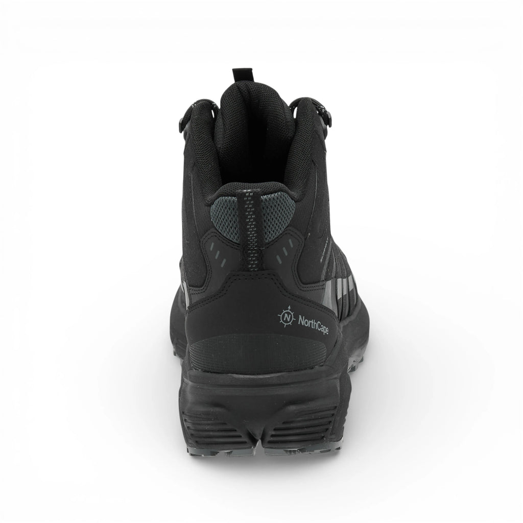 Black hiking boot with visible brand logo on a white background