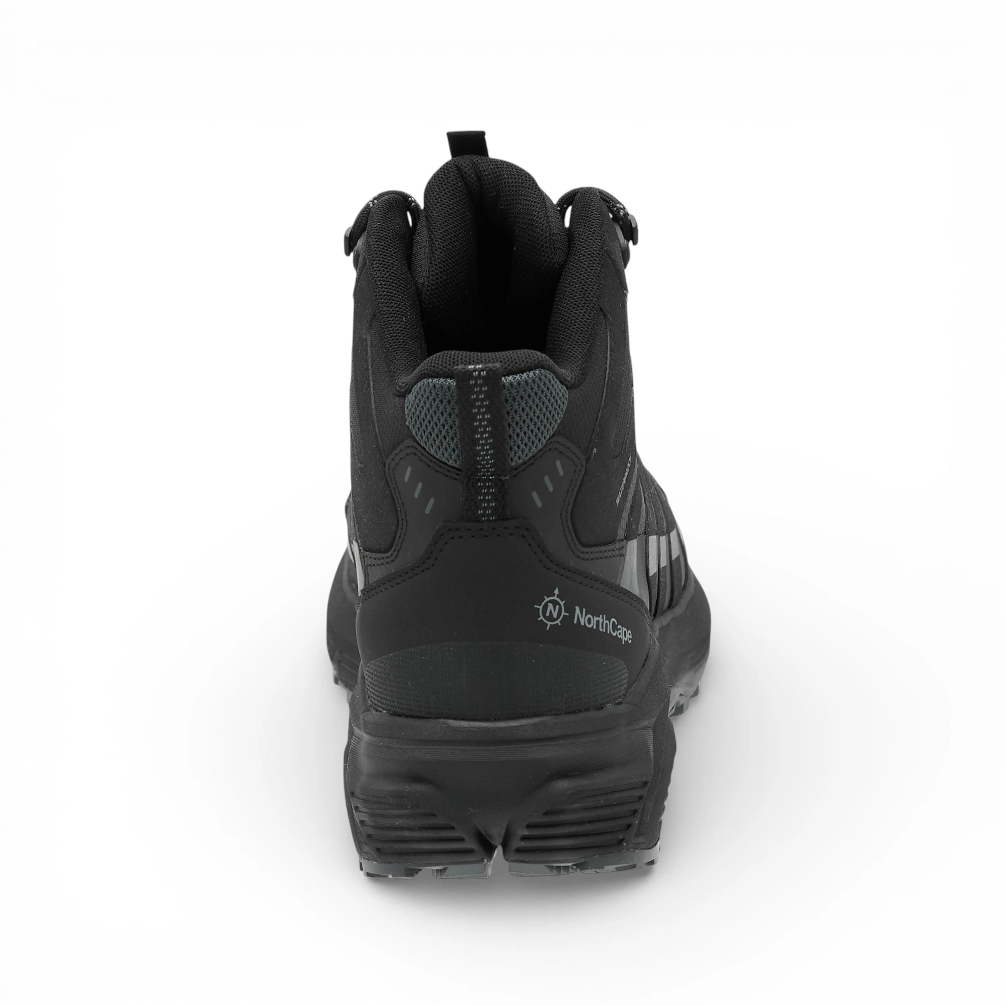 Black hiking boot with visible brand logo on a white background