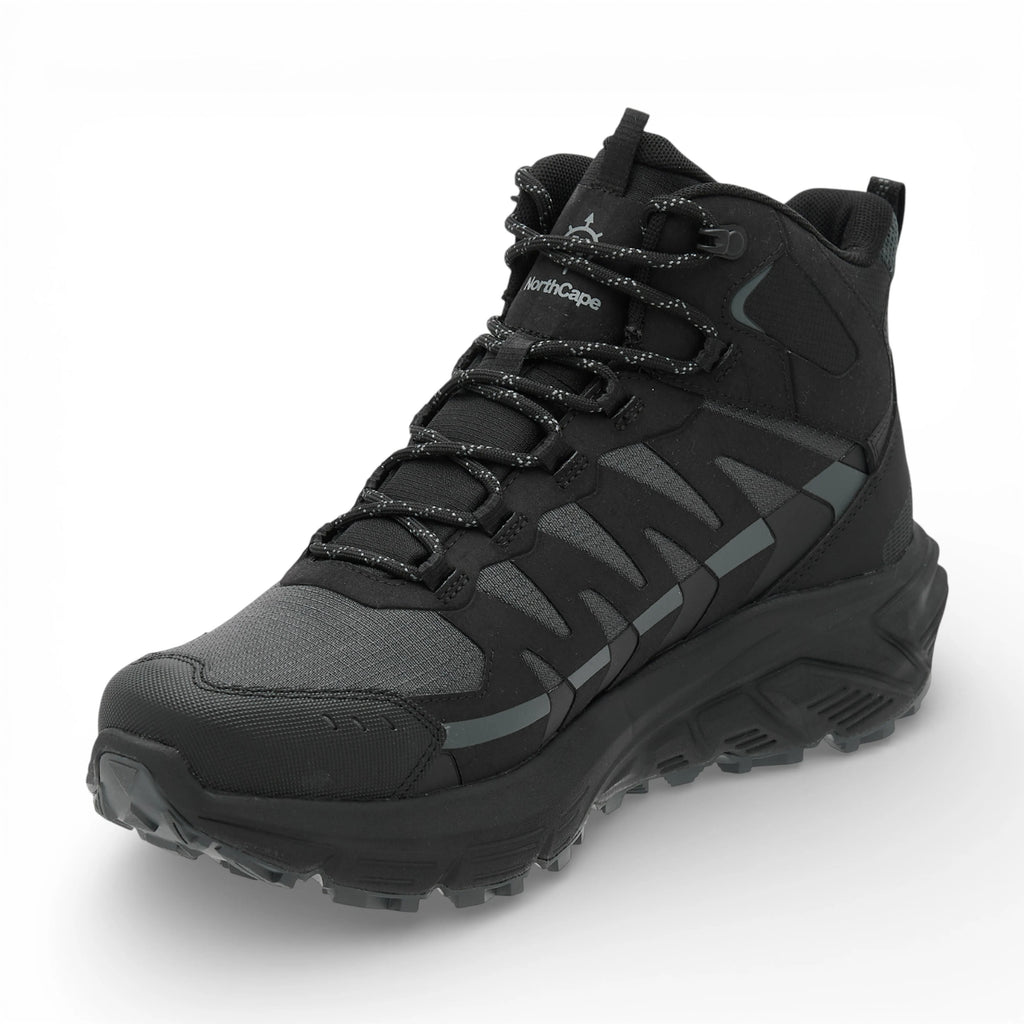 Black and gray hiking boot on a white background