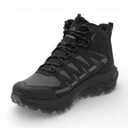 Black and gray hiking boot on a white background