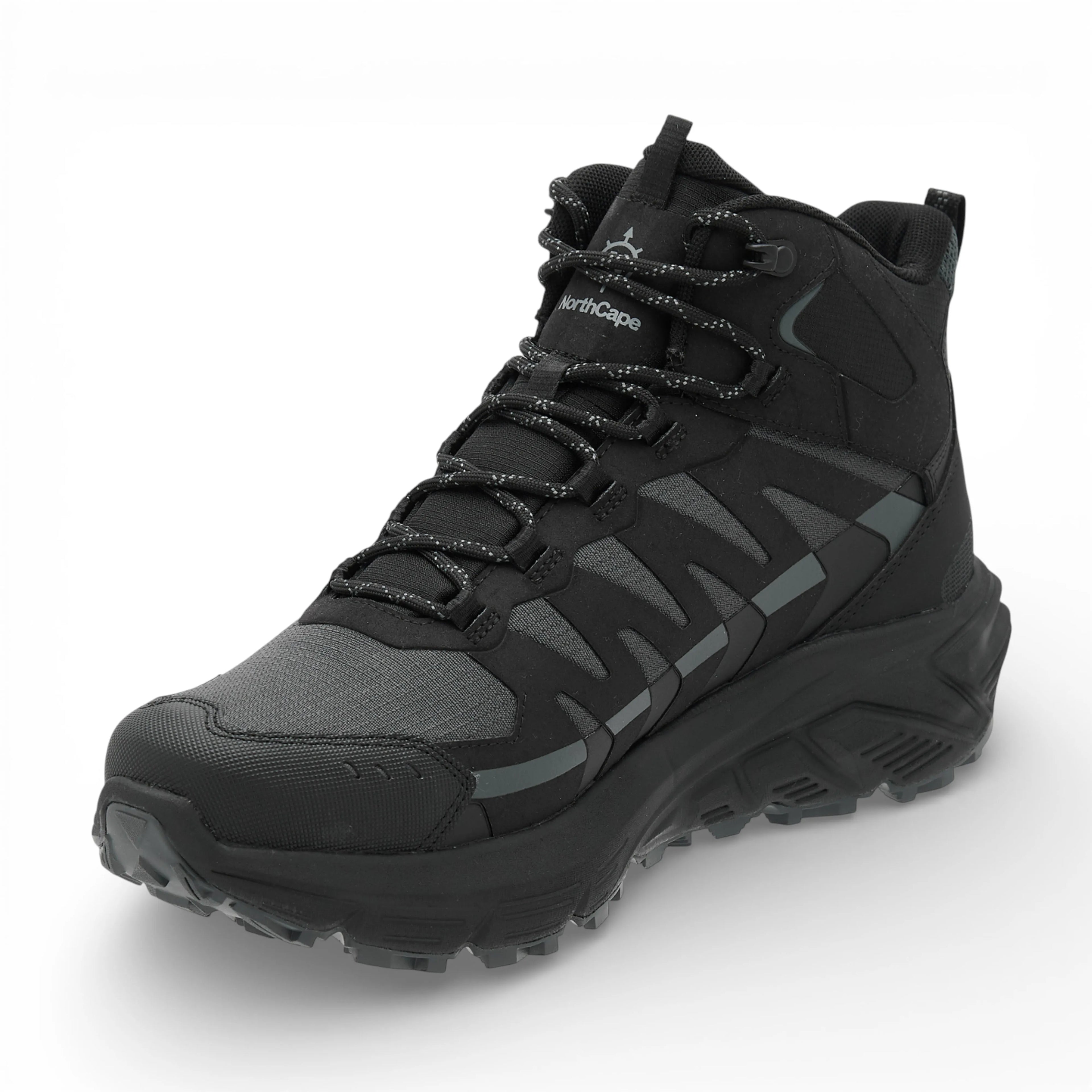 Black and gray hiking boot on a white background