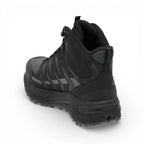 Black hiking boot with visible brand logo on a white background