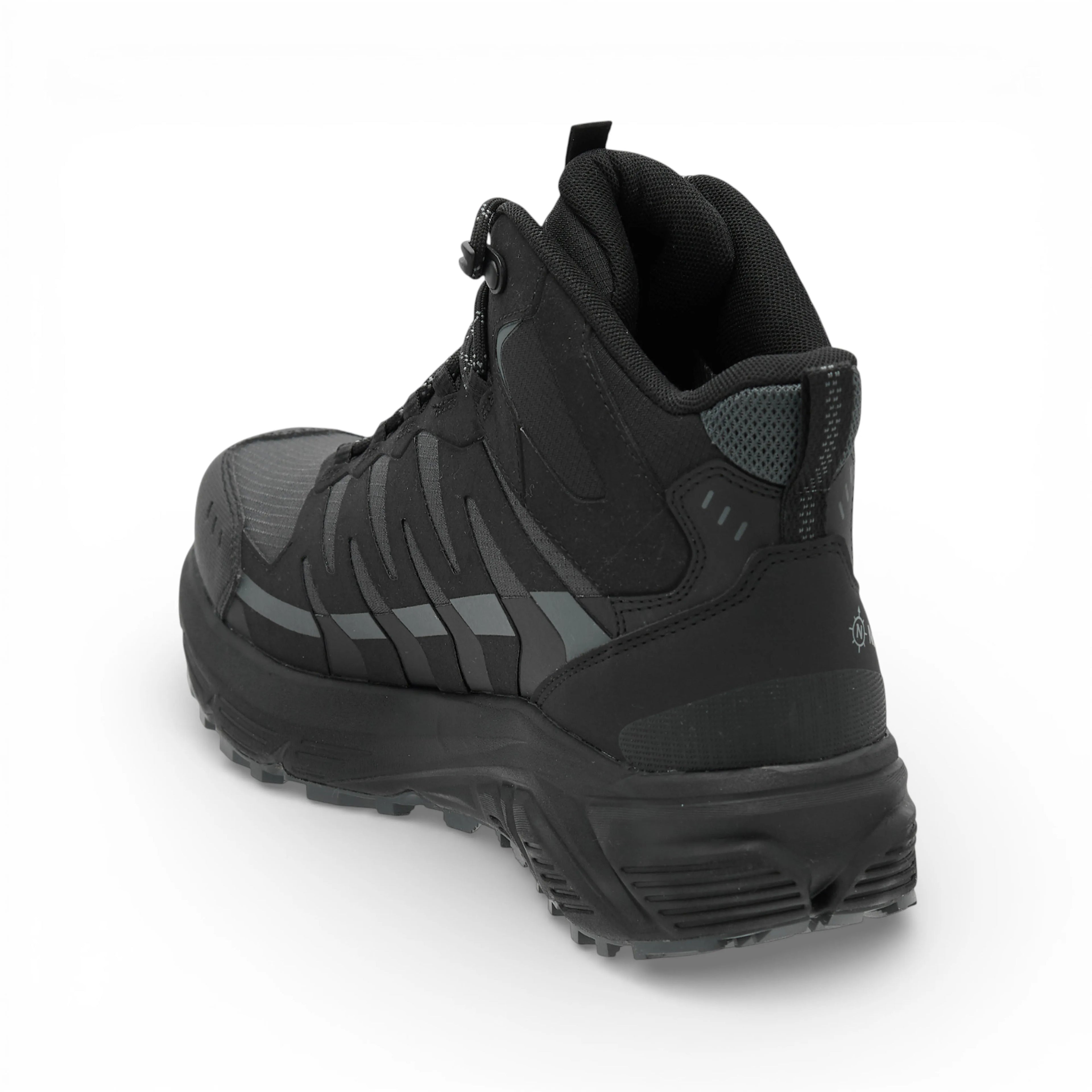 Black hiking boot with visible brand logo on a white background
