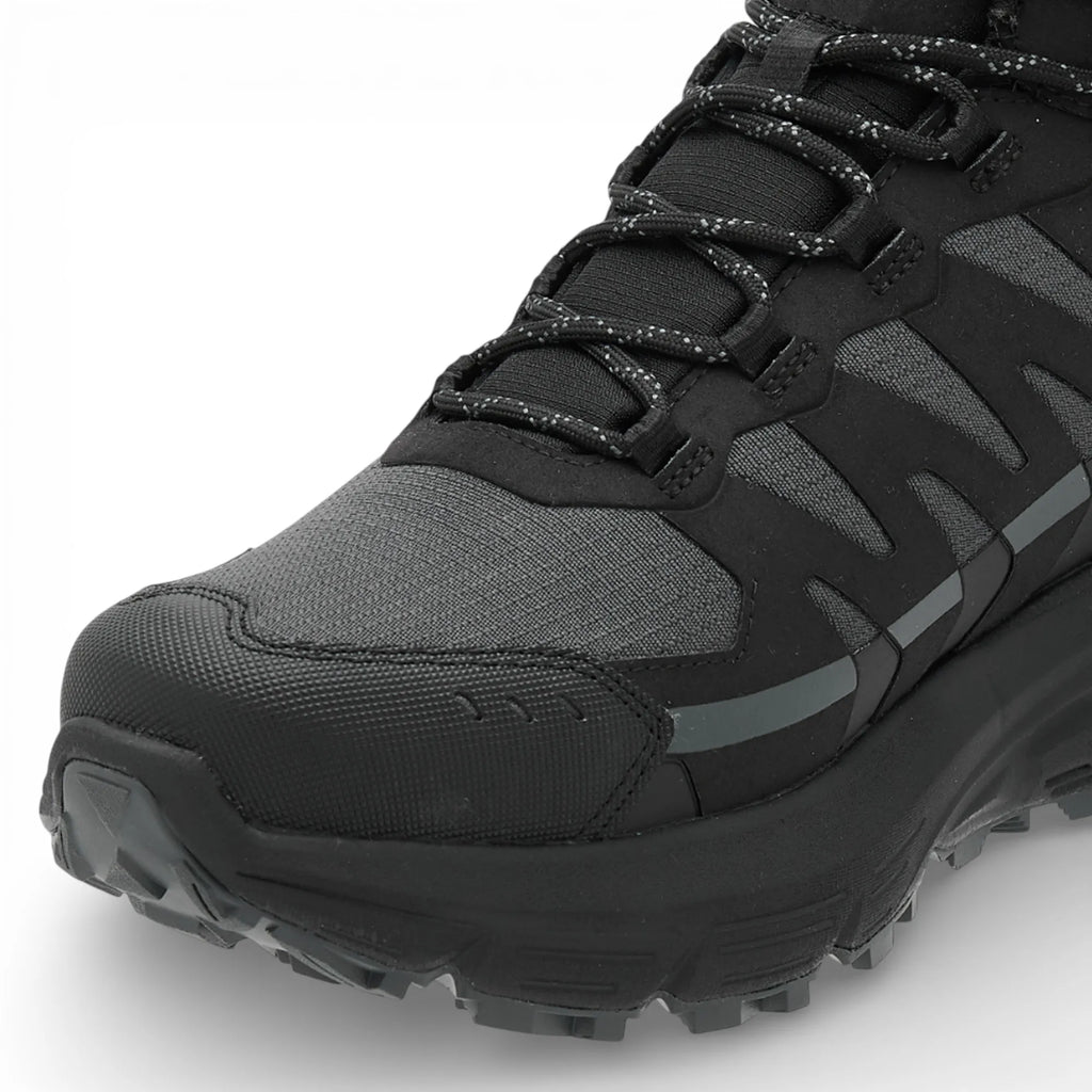 Black hiking boot with visible brand logo on a white background