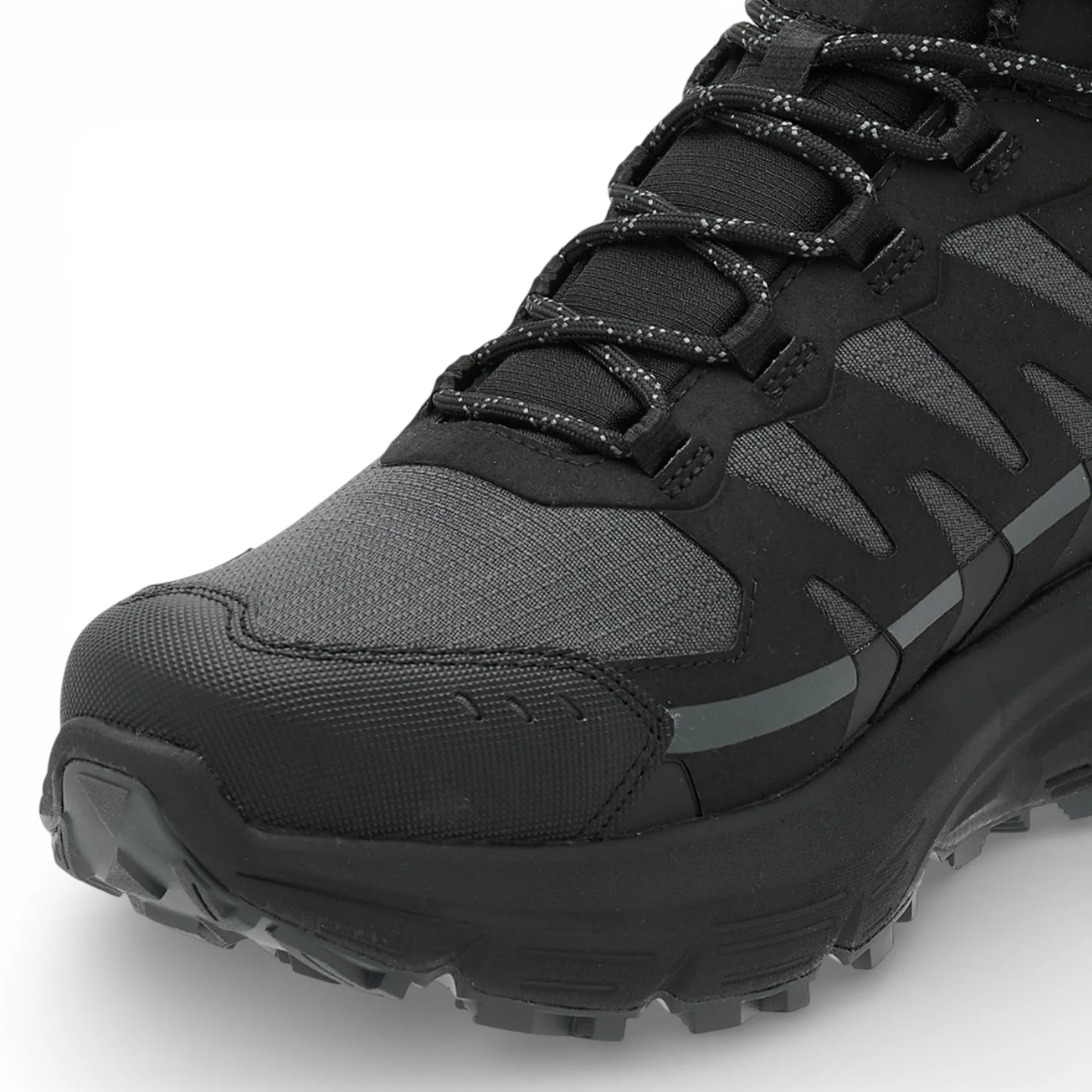 Black hiking boot with visible brand logo on a white background