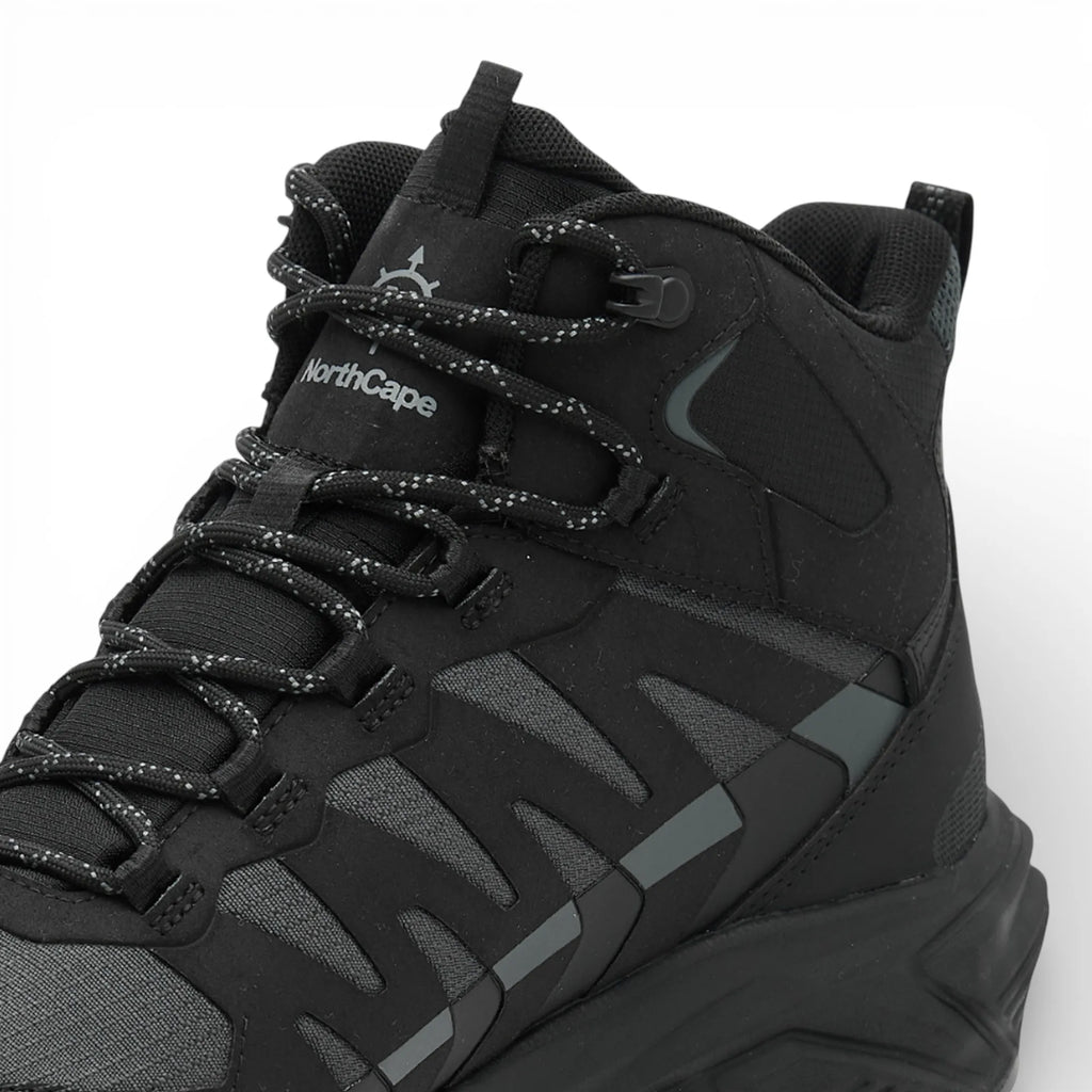 Black hiking boot with visible brand logo on a white background