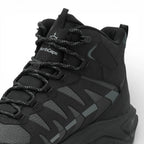 Black hiking boot with visible brand logo on a white background