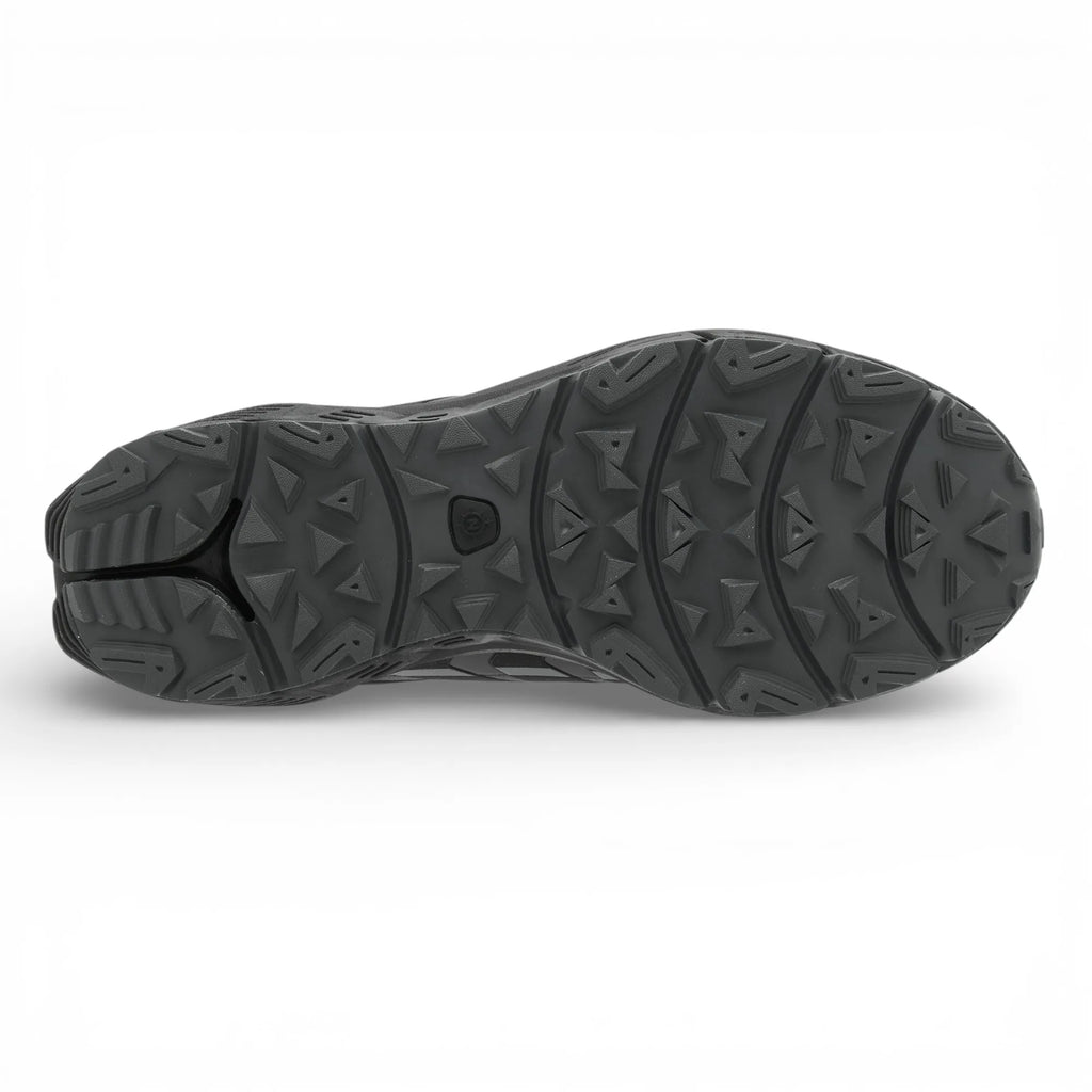 Black shoe sole with tread pattern on a white background
